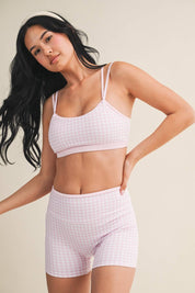 Pink Gingham Layered Sports Bra