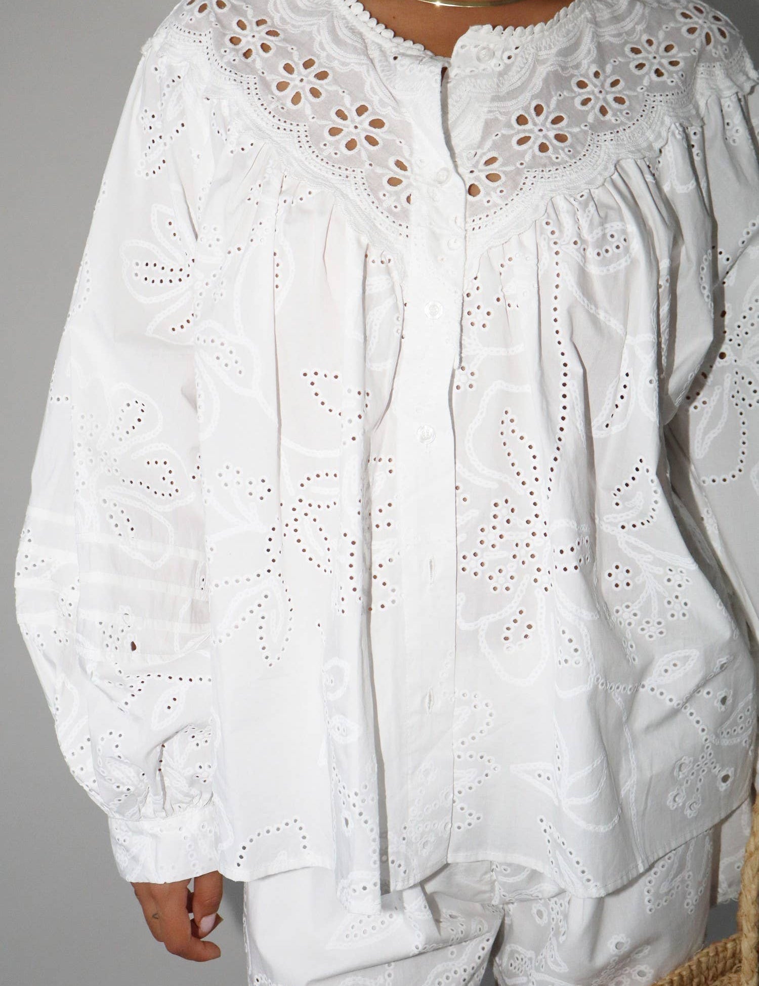White Eyelet Cotton Long Sleeve Blouse showing eyelet blouse
