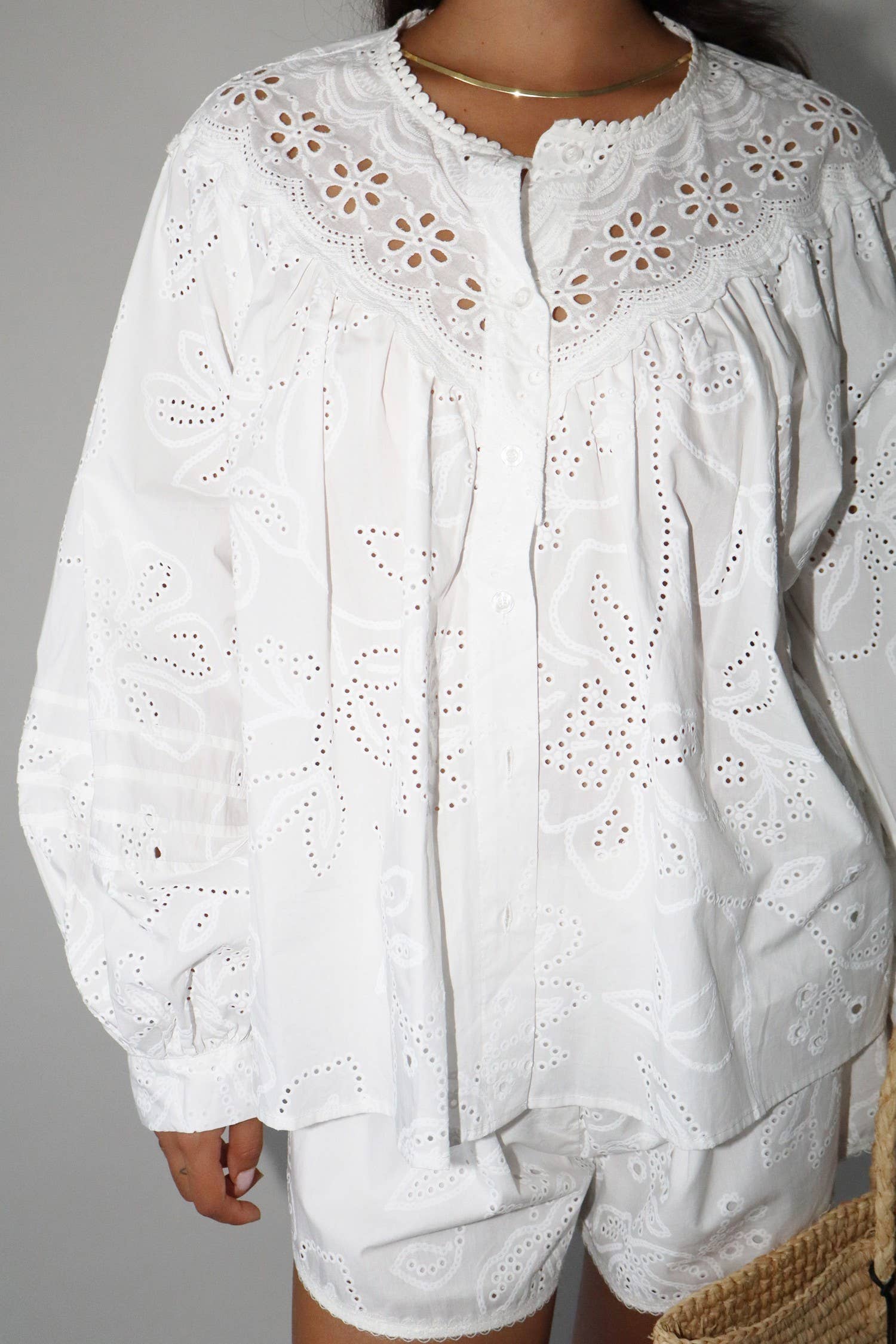 White Eyelet Cotton Long Sleeve Blouse showing eyelet blouse