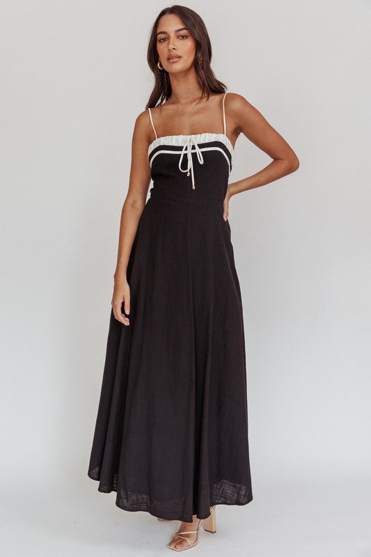 Black Contrast Trim Tie Up Maxi Dress