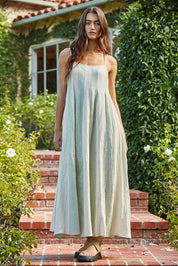 Green & White Striped Cami Pintuck Midi Dress