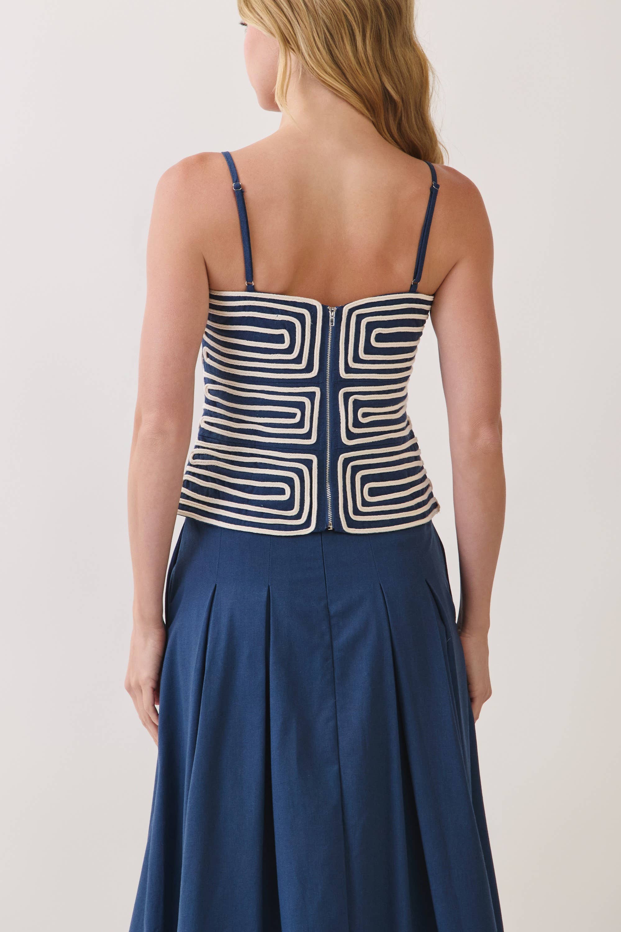 Navy Embroidered Corset Cami Top
