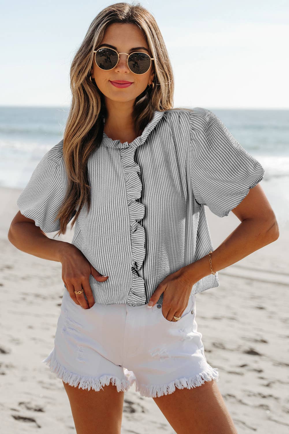 Black Striped Ruffled Blouse