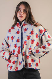 White Floral Printed Fleece Sherpa Jacket