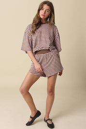 Brown & Pink Striped Elastic-Waist Shorts