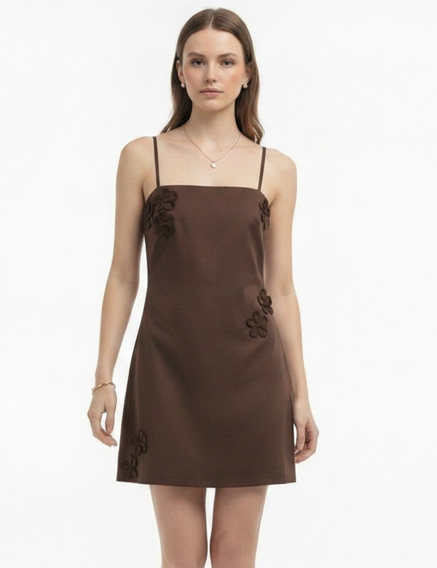 Brown Embroidered Floral Mini Dress