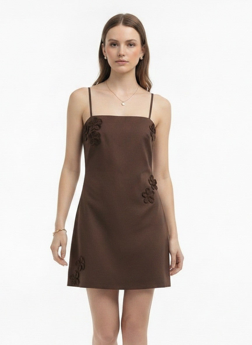 Brown Embroidered Floral Mini Dress