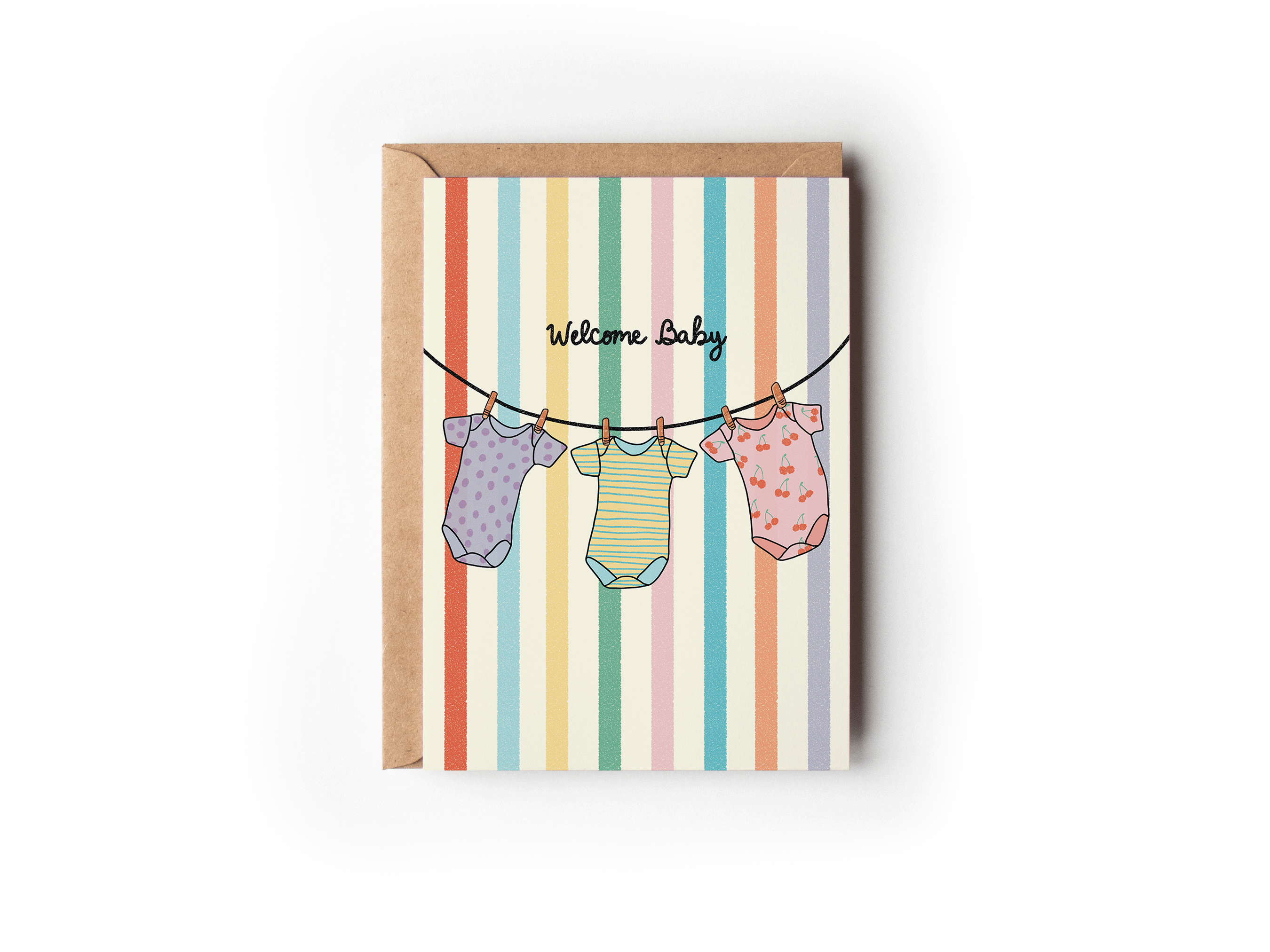 Welcome Baby Onesies Rainbow Striped New Baby Greeting Card