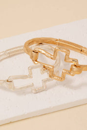 Hammered Cross Coil Spring Hook Bangle Bracelet