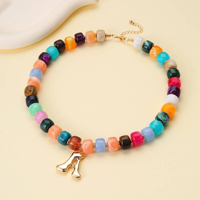 Multicolor Chunky Bead Initial Necklace