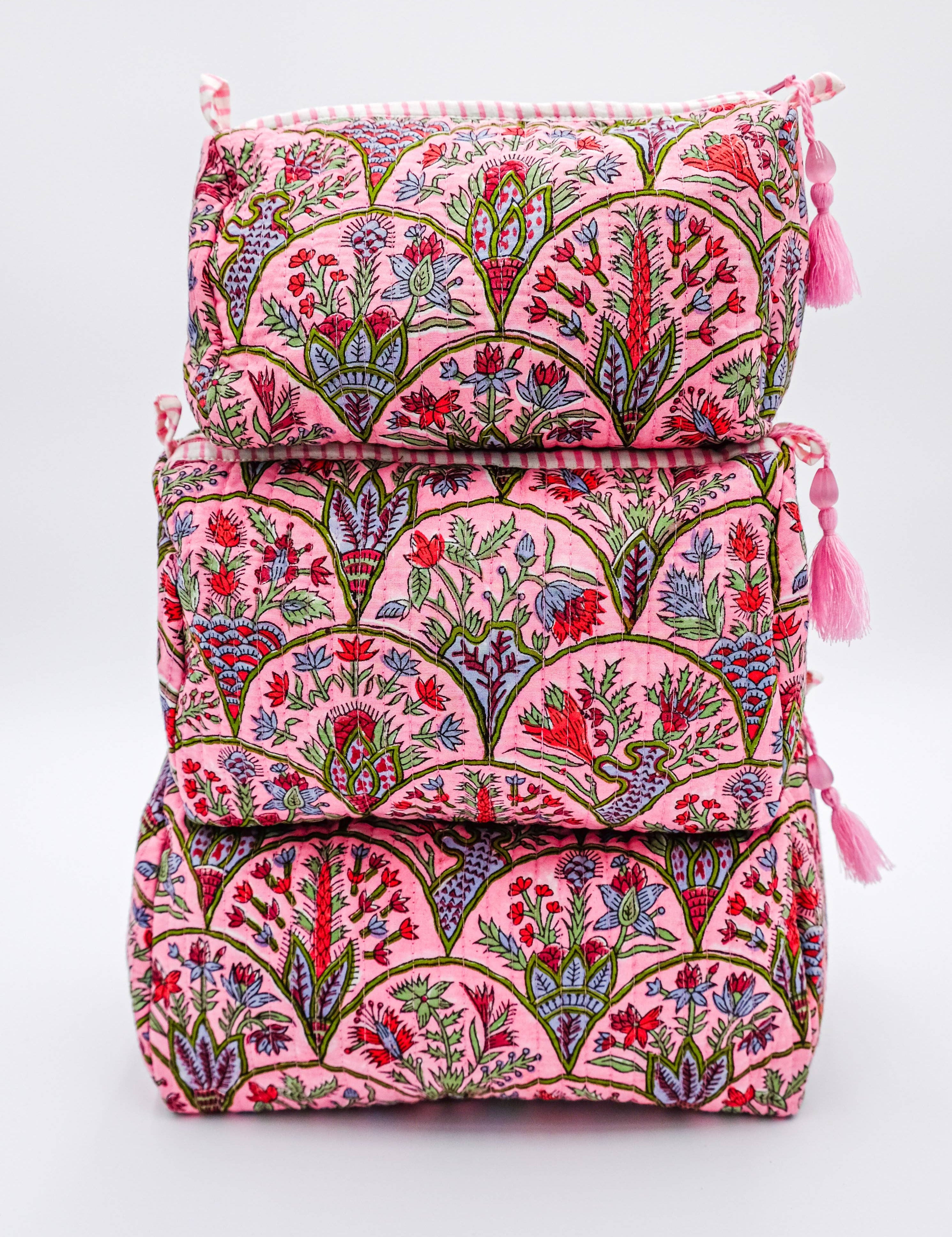 Pink & Multicolor Floral Makeup Bag — wipeable liner and four internal pockets