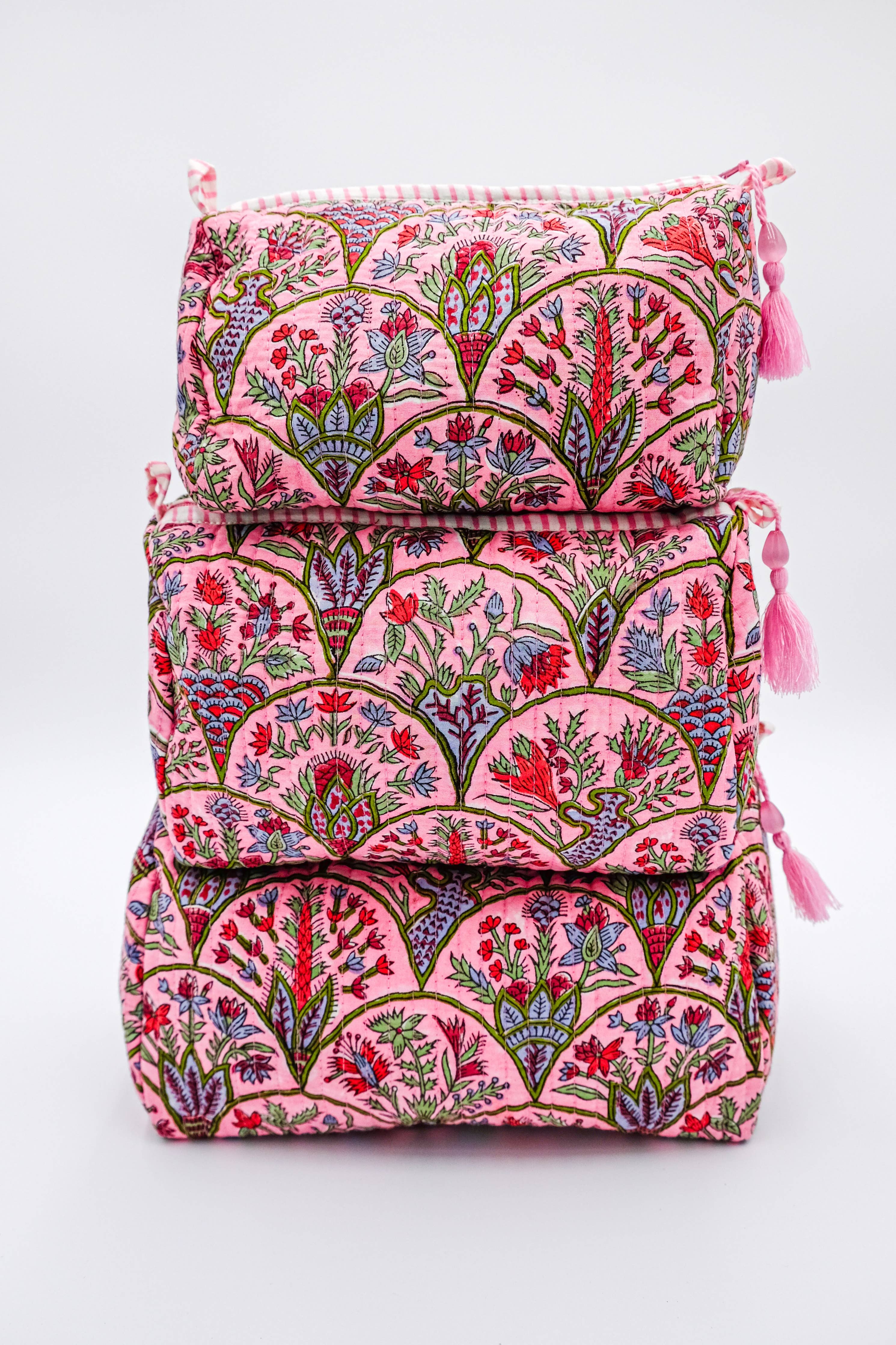Pink & Multicolor Floral Makeup Bag — wipeable liner and four internal pockets