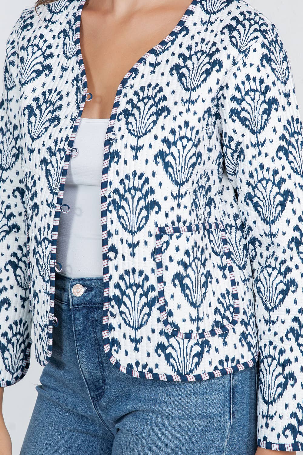 Blue & White Floral Print Quilted Jacket