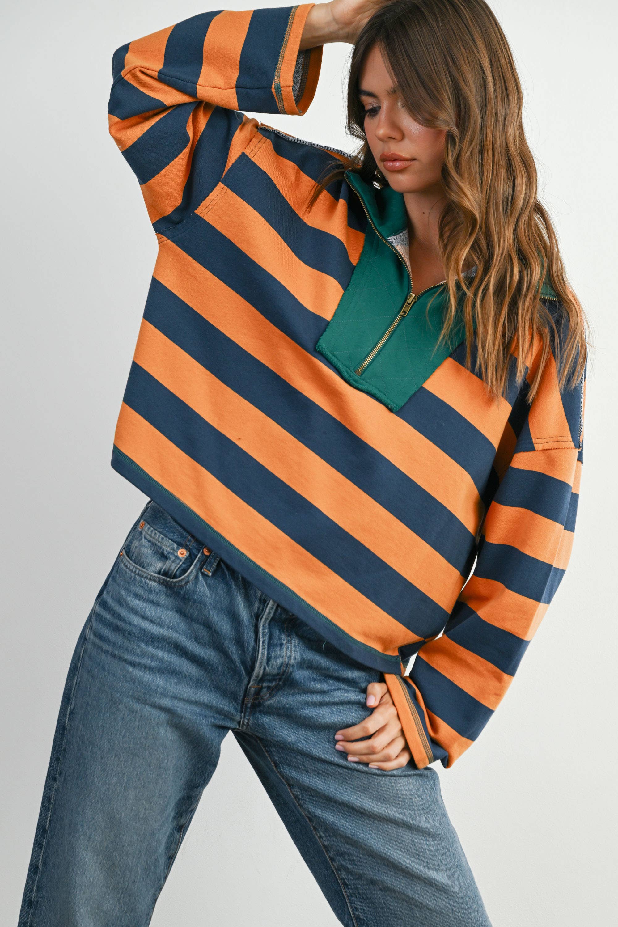 Green Striped Quarter-Zip Contrast Collar Sweatshirt