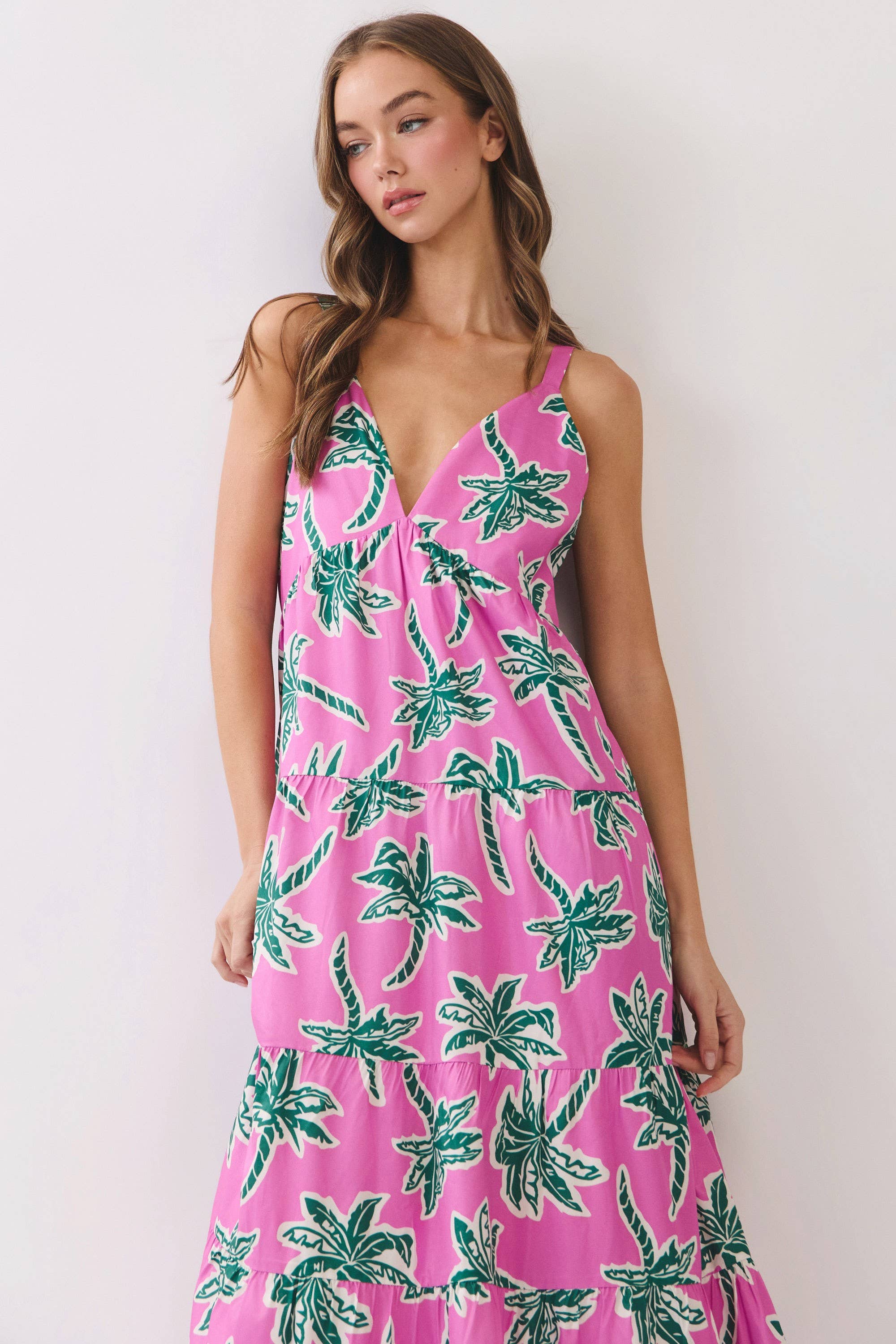 Pink & Green Tropical Maxi Dress