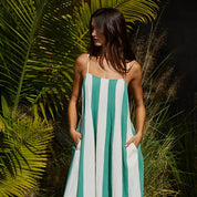 Green & White Striped Cami Pintuck Midi Dress