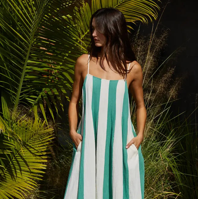 Green & White Striped Cami Pintuck Midi Dress