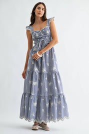 Blue Embroidered Striped Maxi Dress