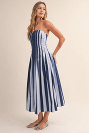 Blue Strapless Striped Midi Dress