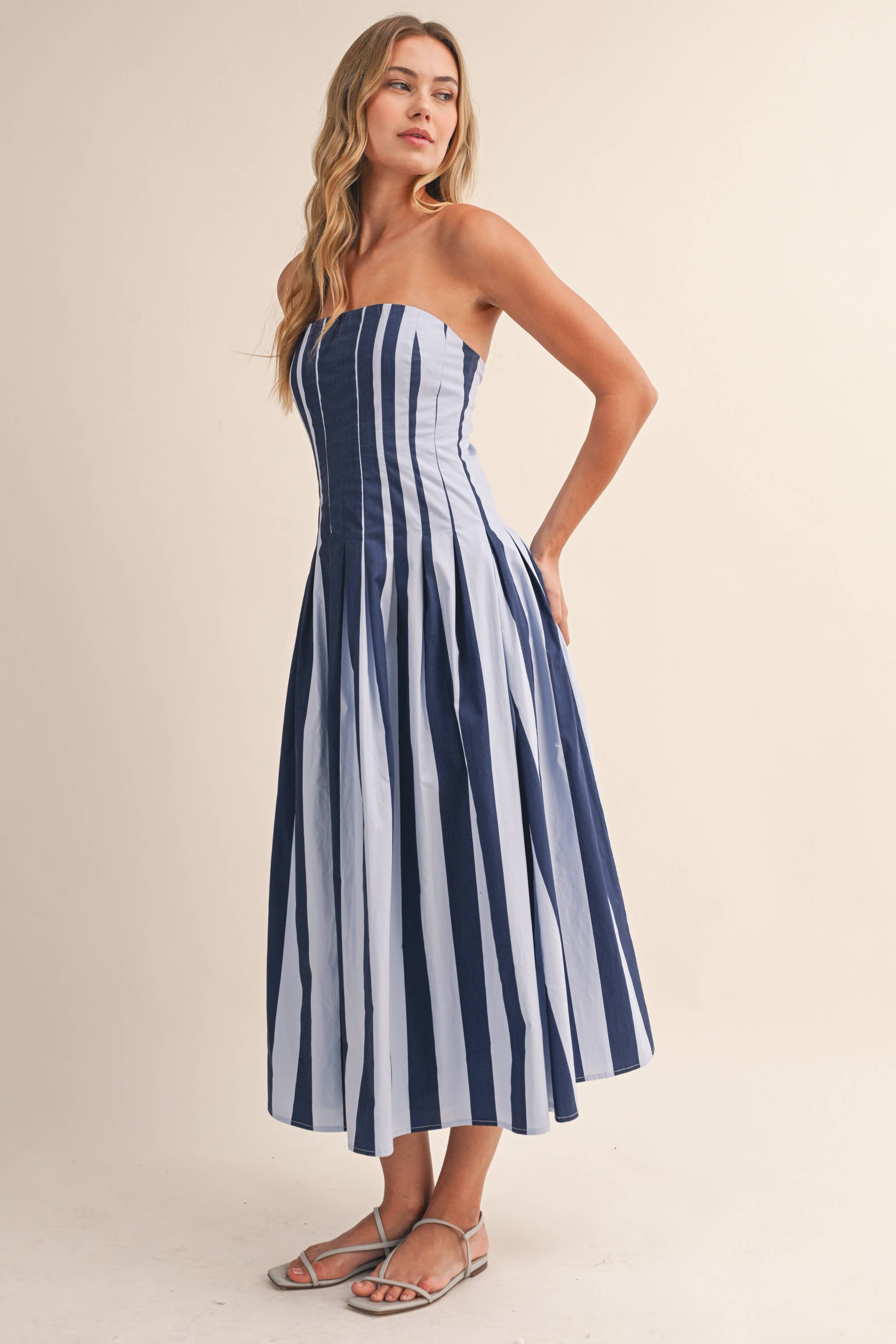 Blue Strapless Striped Midi Dress