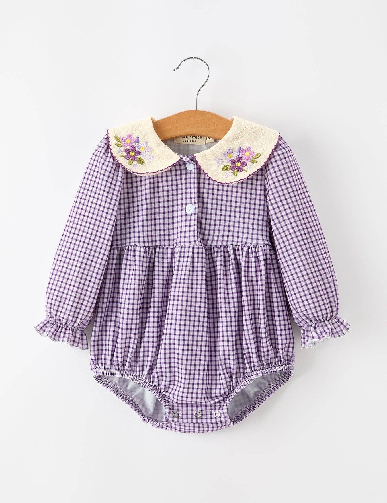 Purple Plaid Floral Bubble Romper — front buttons and long sleeves