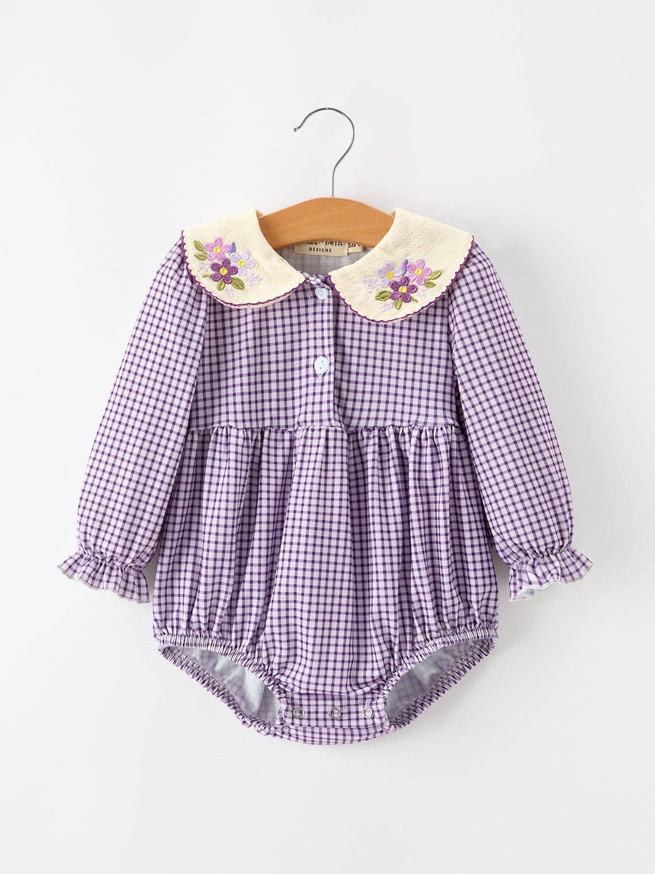 Purple Plaid Floral Bubble Romper — front buttons and long sleeves