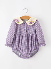 Purple Plaid Floral Bubble Romper — front buttons and long sleeves