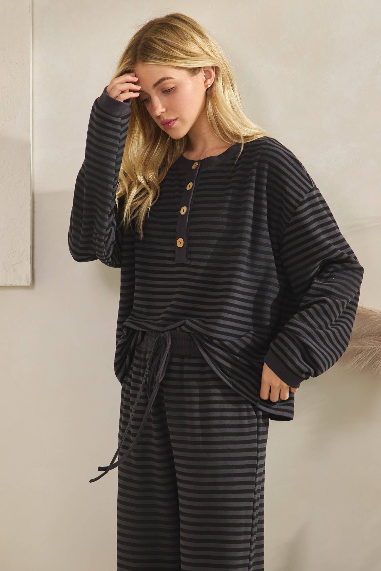 Striped Button Henley Brushed Lounge Set