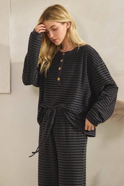 Striped Button Henley Brushed Lounge Set