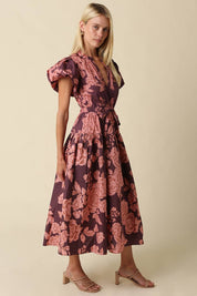 Purple & Pink Bubble Sleeve Floral Midi Dress showing v-neckline