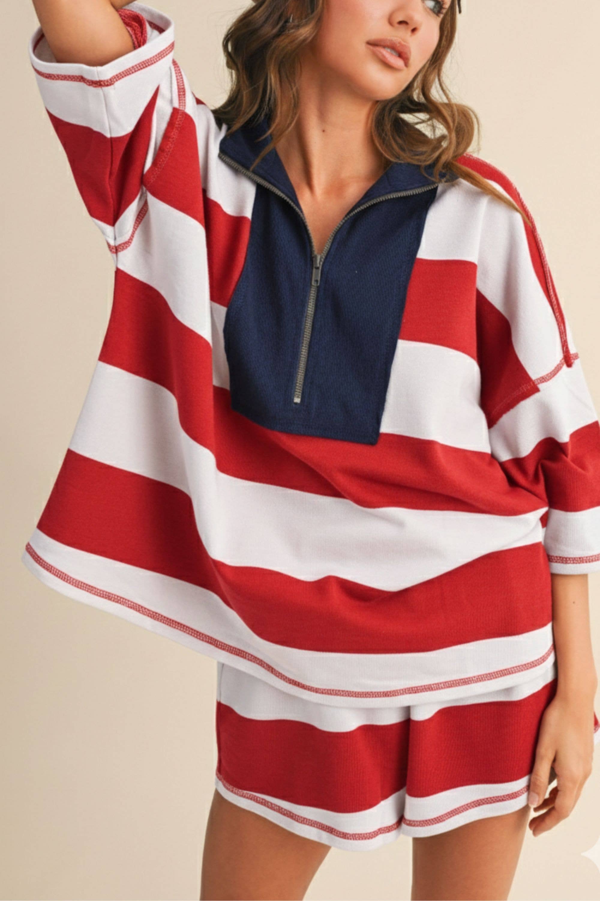 Red Striped Half Zip Set