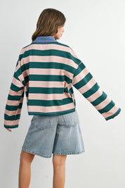 Green Striped Quarter-Zip Contrast Collar Sweatshirt