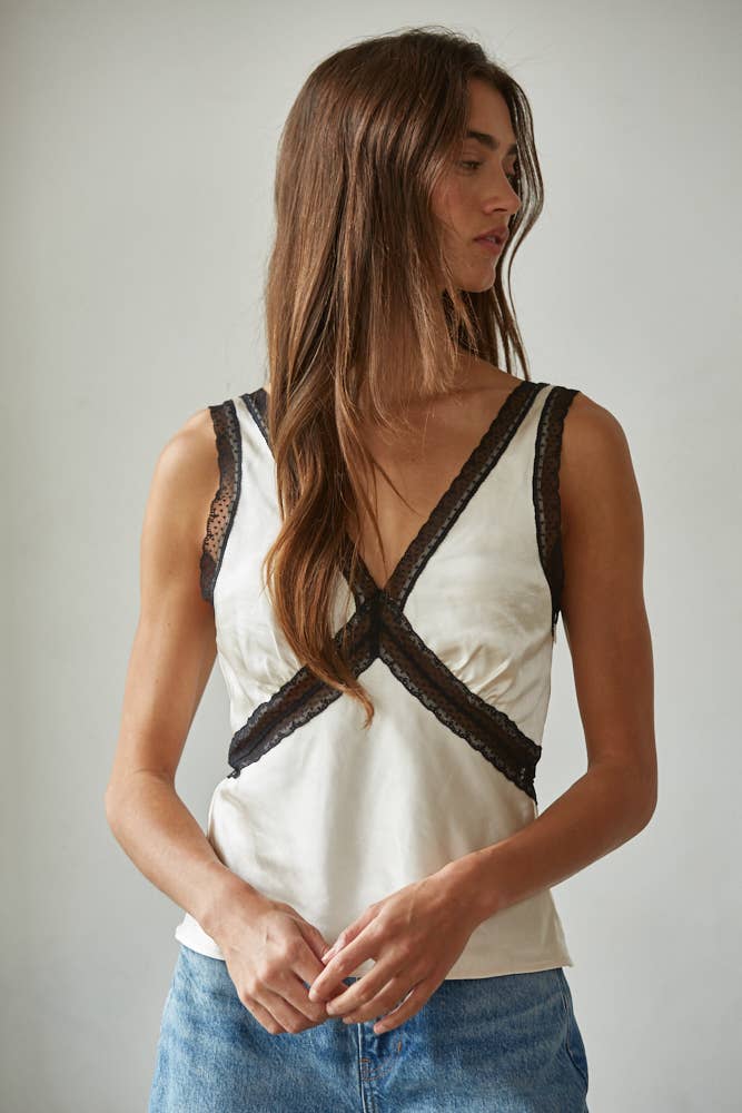 White Lace Trim Detail Sleeveless Top