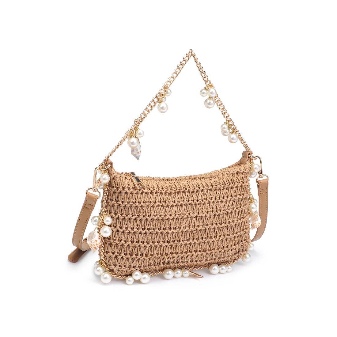 Seashell Straw Bag Evening Bag showing pearl embellishments
