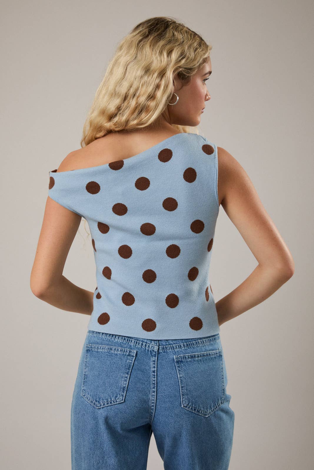 Blue & Brown Polka Dot Asymmetrical Top