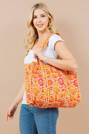 Orange Floral Quilted Tote Bag