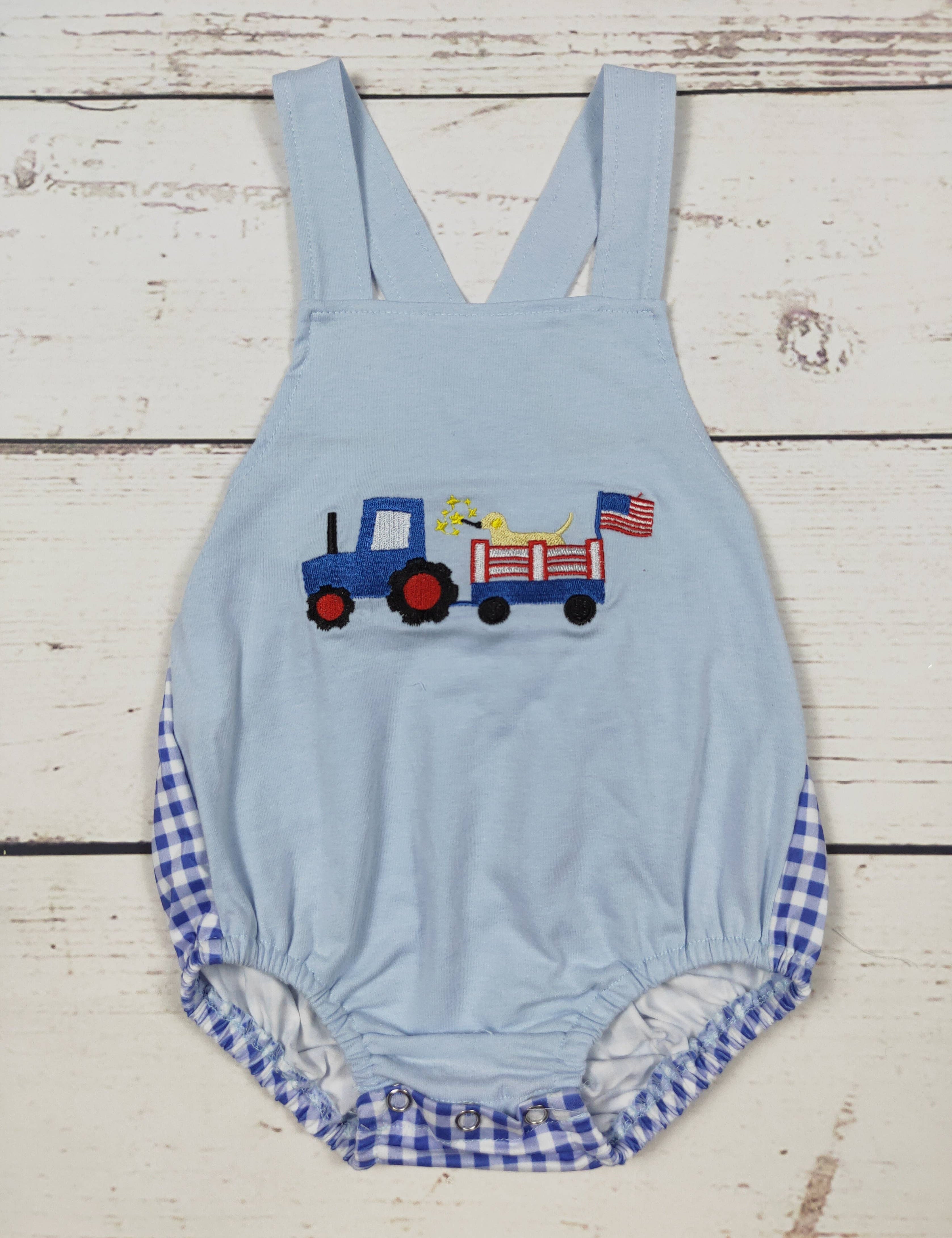 Baby Truck 4th of July Bubble — sleeveless and crossback straps with white button closure
