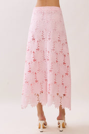 Pink Floral Lace Scalloped Midi Skirt