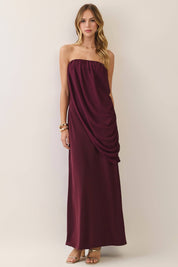 Maroon Strapless Draped Maxi Dress