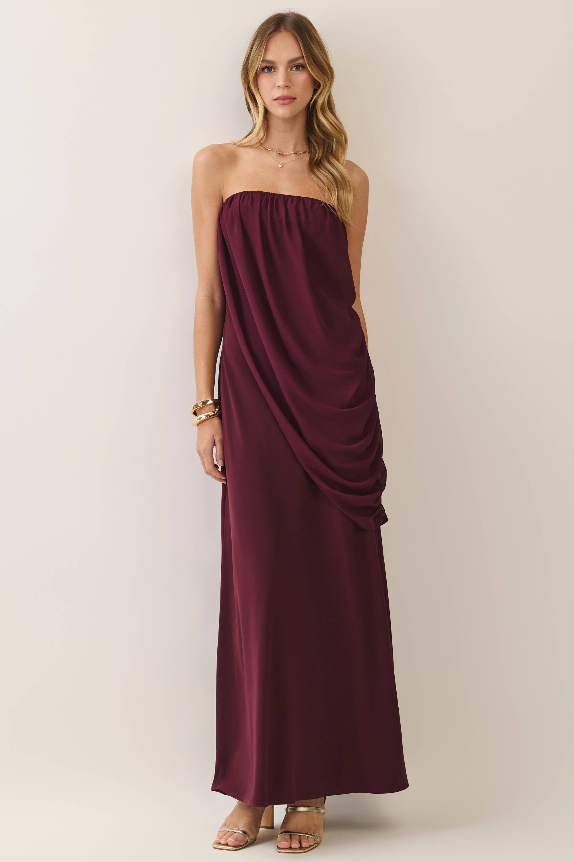 Maroon Strapless Draped Maxi Dress