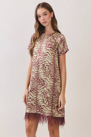 Red Feather Trim Printed Shift Dress