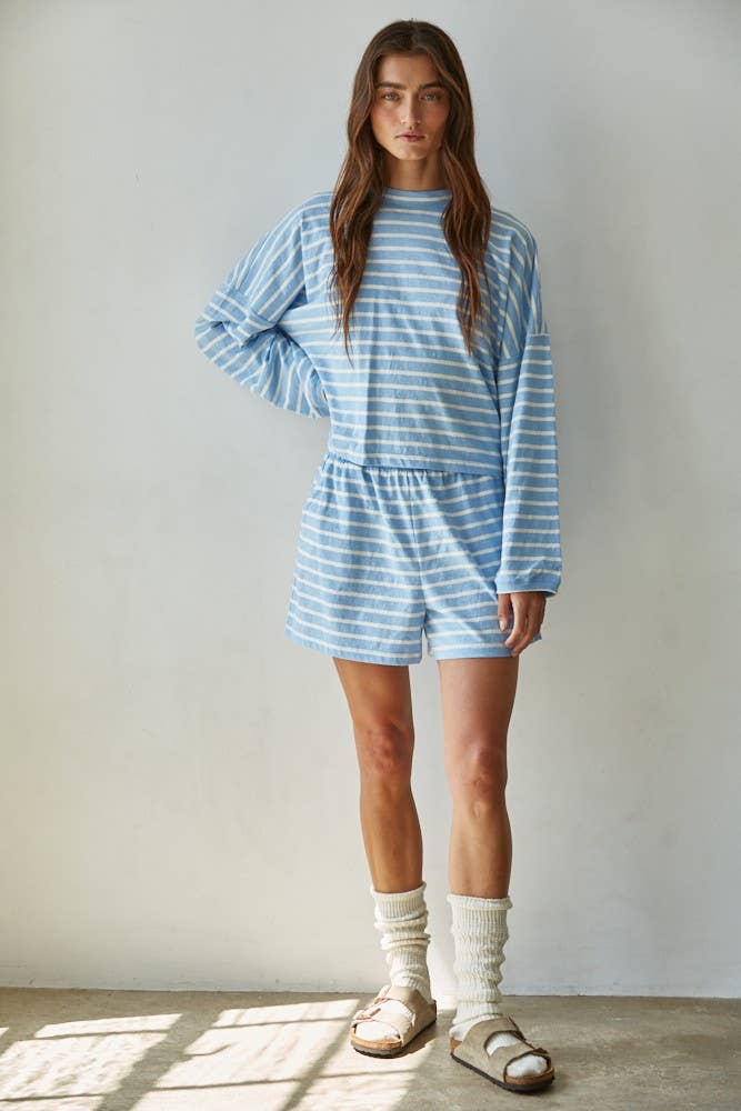 Blue & White Striped Mock Neck Long Sleeve