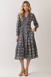 Navy Floral Smocked Waist Midi Dress