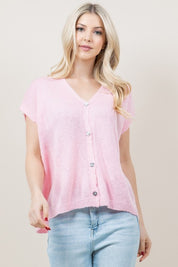 Pink Short Sleeve Button Down Cardigan