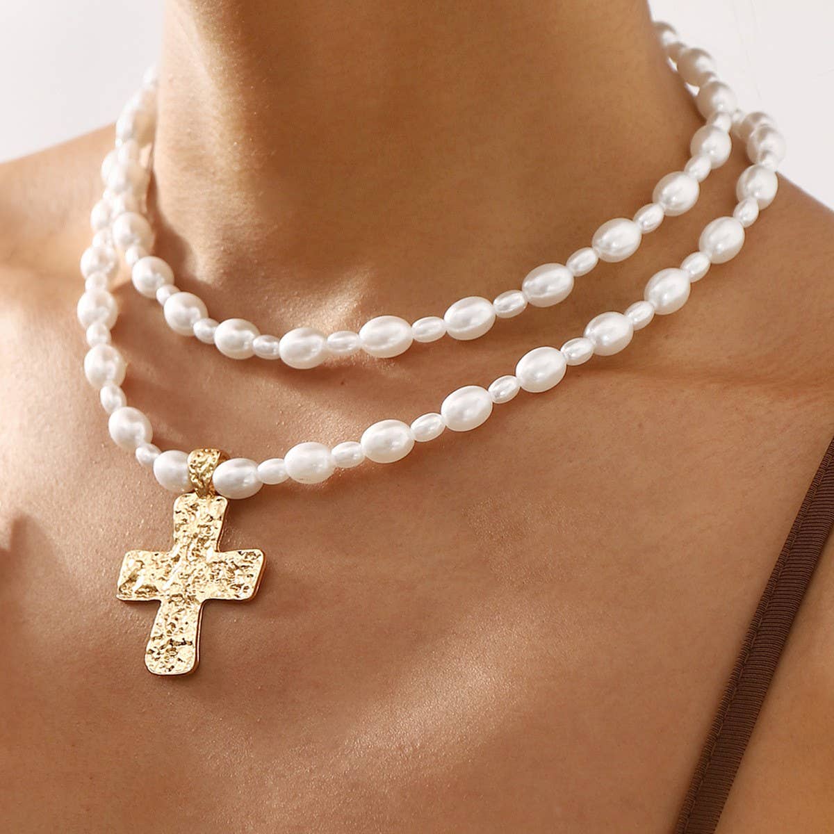 Pearl Beaded Layered Cross Necklace
