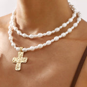 Pearl Beaded Layered Cross Necklace