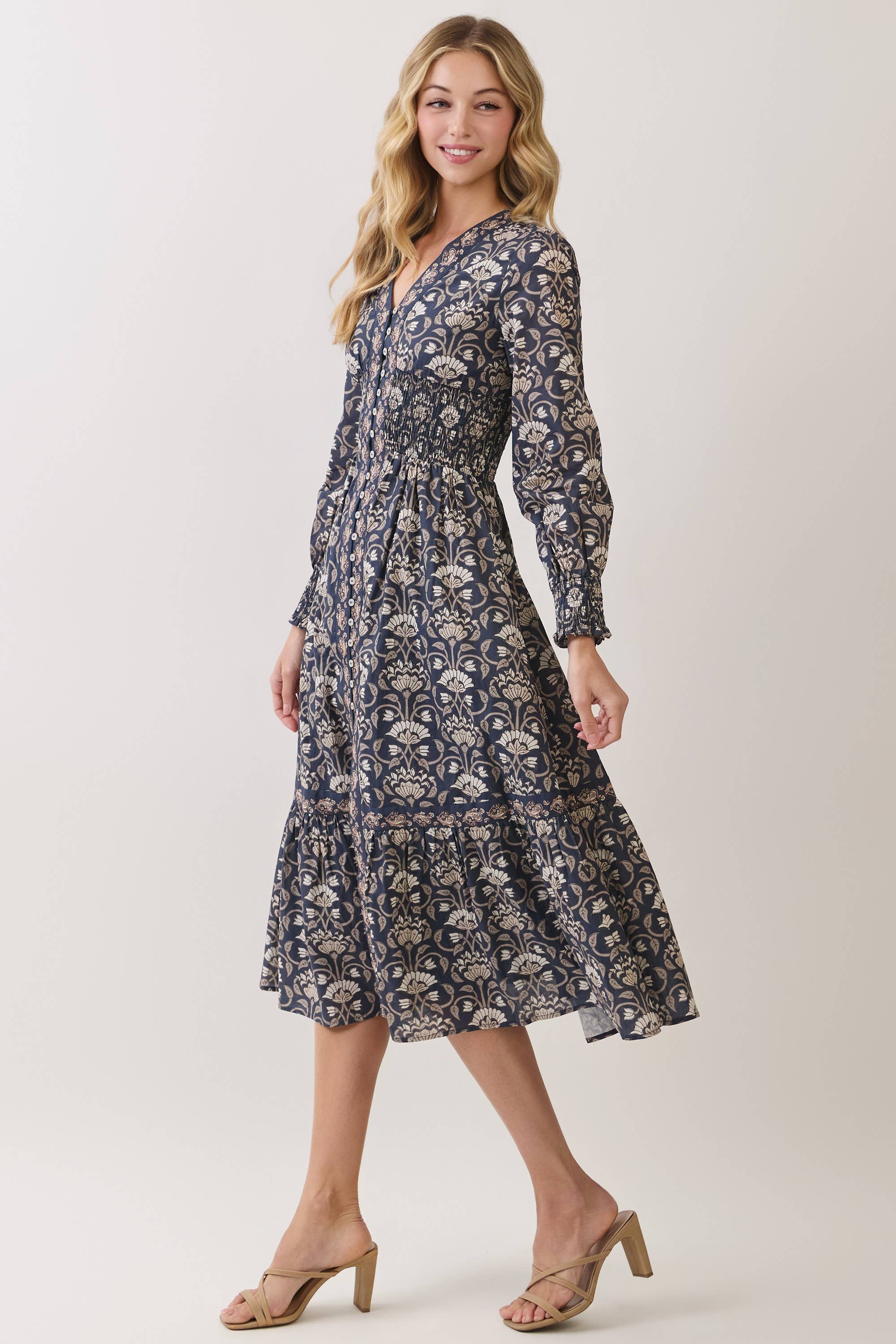 Navy Floral Smocked Waist Midi Dress