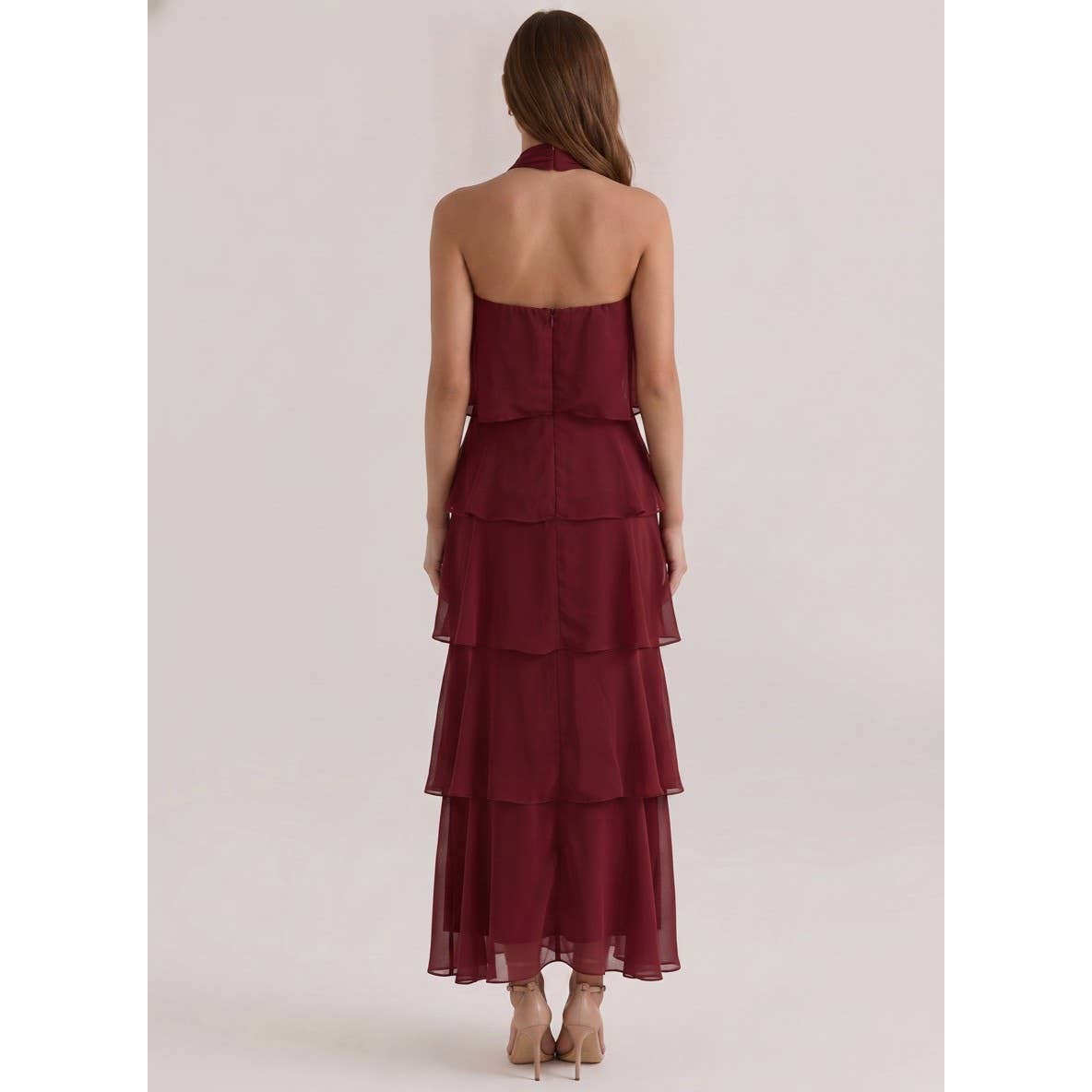 Maroon Strapless Tiered Midi Dress showing lightweight chiffon fabric with airy movement