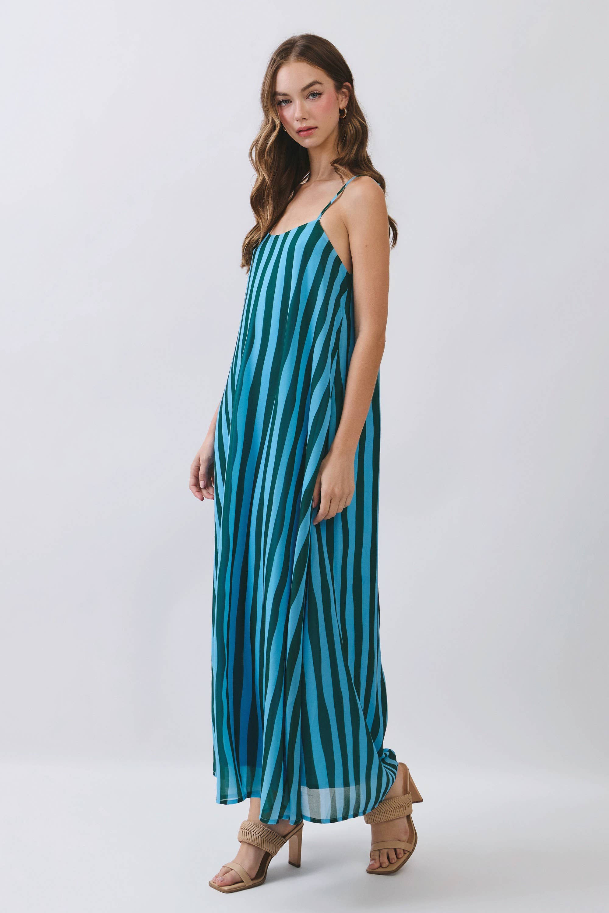 Blue Striped Scoop Neck Maxi Dress