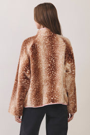 Brown Deer Print Faux Fur Half-Zip Jacket in a oversized